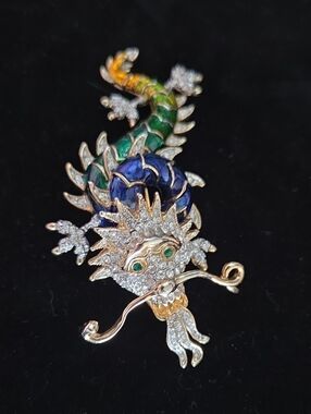 Vintage Butler & Wilson 4" Pavé Crystal & Enamel Dragon Brooch